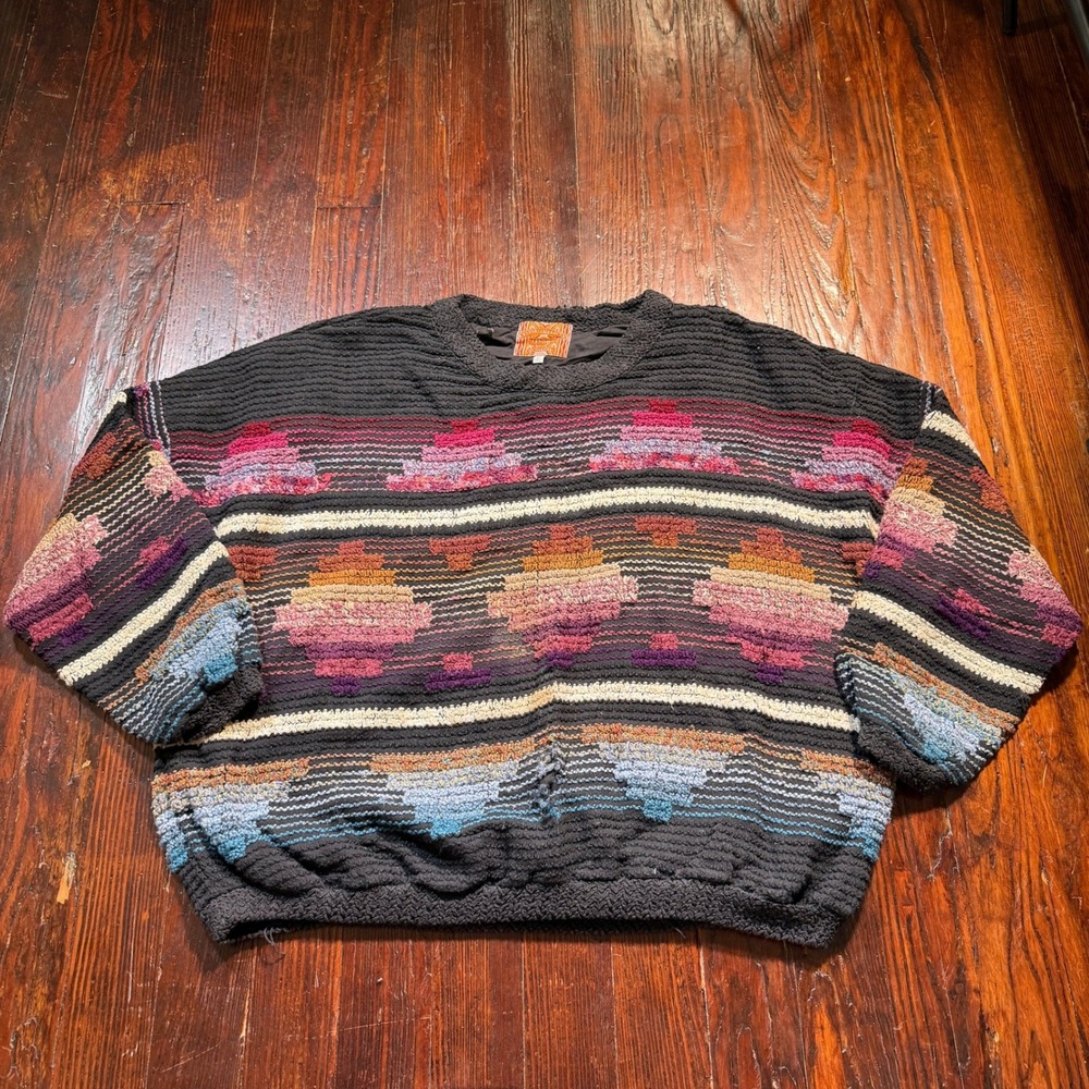 Vintage 90s Allen Wah Sweater Womens 4X Chenille Southwestern Geometric USA Boxy